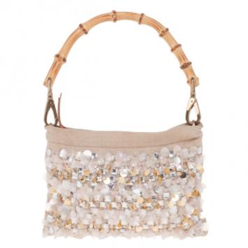 Miu Miu Beige Sequined and Beaded Bamboo Handle Bag