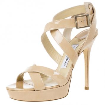 Jimmy Choo Nude Patent Vamp Platform Sandals Size 37