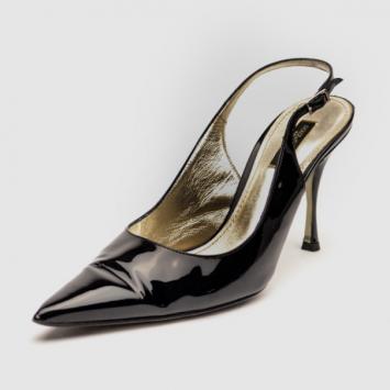 Dolce and Gabbana Black Patent Vernice Cut Out Slingback Sandals Size 37.5