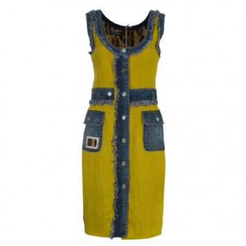 Dolce and Gabbana Yellow Linen and Denim Shift Dress S