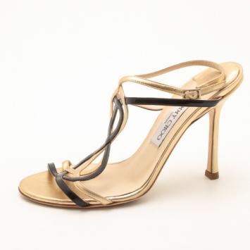 Jimmy Choo Black and Gold Leather Strappy Sandals Size 39