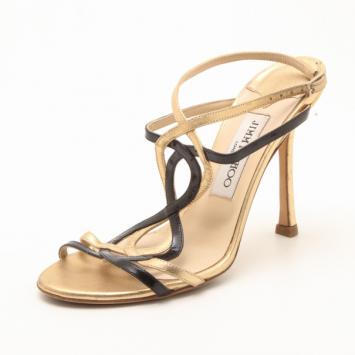 Jimmy Choo Black and Gold Leather Strappy Sandals Size 37