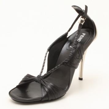 Fendi Black Leather & Silver High Heel Sandals Size 37.5