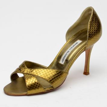 Manolo Blahnik Crisscross Bronze Snakeskin D'orsay Pumps Size 36