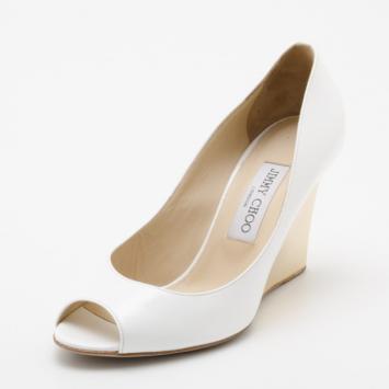 Jimmy Choo White Patent Baxen Peep-Toe Wedges Size 37