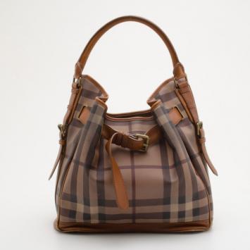 Pre Owned Burberry Gray Medium Smoked Check Hobo