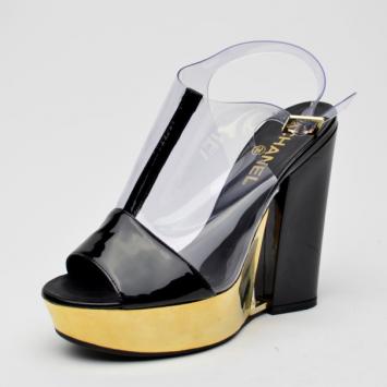 Chanel Transparent Gold and Black Patent Platform Sandals Size 38