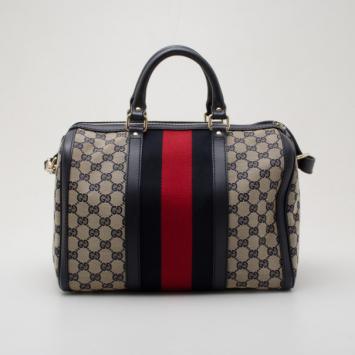 Gucci Navy Vintage Web Boston Satchel