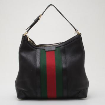 Gucci Black Leather Red Green Stripe Hobo
