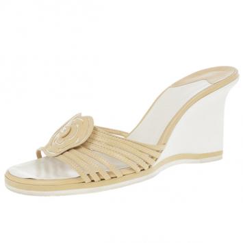 Chanel Beige Leather CC Flower Wedges Size 39