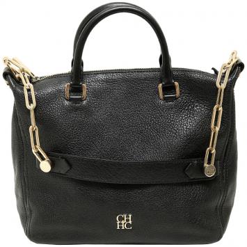 Pre Owned Carolina Herrea Black Pebbled Leather Chain Top Handle Bag