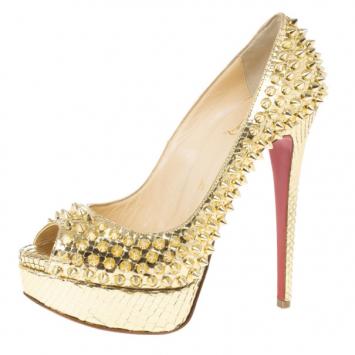 Christian Louboutin Gold Python Spiked Lady Peep Toe Platform Pumps Size 36.5