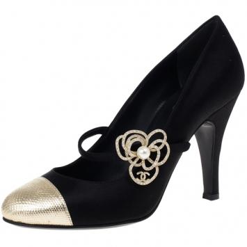 Chanel Black Satin Pearl Flower Mary Jane Pumps Size 37