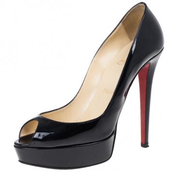 Christian Louboutin Black Patent Banana Peep Toe Platform Pumps Size 38