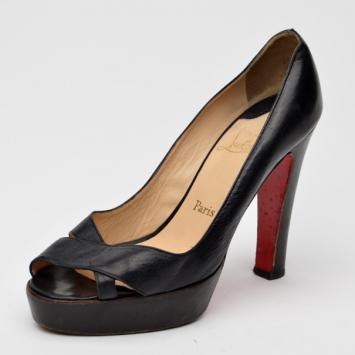 Christian Louboutin Black Leather Peep Toe Crossover Pumps Size 40