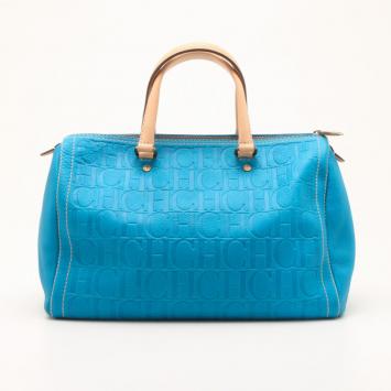 Carolina Herrera Blue Leather Monogram Embossed Andy Boston Satchel  