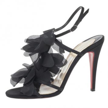 Christian Louboutin Black Satin 'Mount Street' T-Strap Sandals Size 38