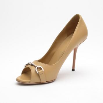 Gucci Beige Leather Horsebit Peep Toe Pumps Size 37