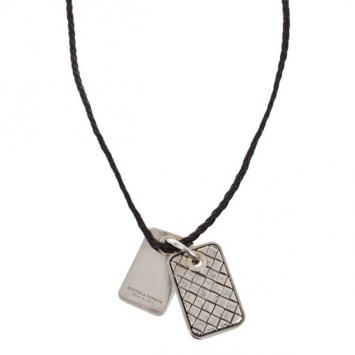 Bottega Veneta Unisex Brown Leather Woven Silver Pendant Necklace