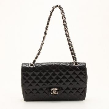 Chanel Black Patent Quilted Secret Label Medium Flap Bag 