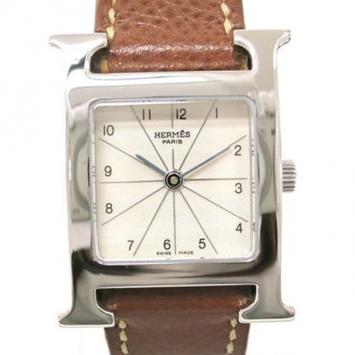 Hermes H Watch Wristwatch SS Leather Brown Ladies 