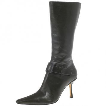 Jimmy Choo Dark Green Leather Pointed Toe Knee Boots Size 37.5