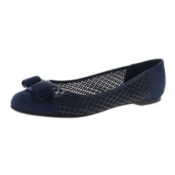 Salvatore Ferragamo Navy Blue Suede and Leather Varina Ballet Flats Size 37