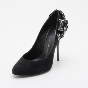 Giuseppe Zanotti Black Crystal Bow Embellished Suede Pumps Size 36.5