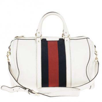 Gucci White Pebbled Leather Vintage Web Boston Bag