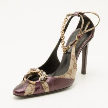 Gucci Monogram Purple Leather Dragon Evening Shoes Size 35