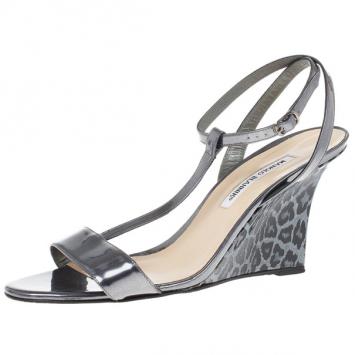 Pre Owned Manolo Blahnik Metallic Leopard T-strap Lette Wedge Sandals Size 42