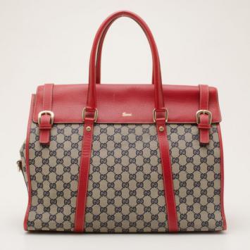 Gucci Vintage Red and Navy GG Monogram Satchel