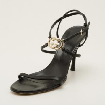 Gucci Black Leather Logo Strappy Sandals Size 40