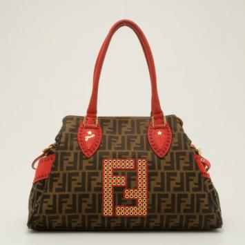 Fendi Red Trim Studded Zucca Du Jour Handbag