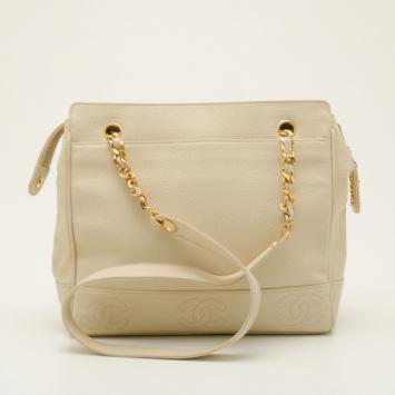 Chanel Vintage White Leather Tote Shoulder Bag  