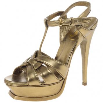 Saint Laurent Paris Gold Leather Tribute Platform Sandals Size 37