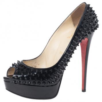 Christian Louboutin Black Patent Lady Peep Toe Spikes Platform Pumps Size 38.5