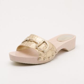 Gucci Metallic Guccissima 'Icon Bit' Wooden Clog Slides Size 37.5