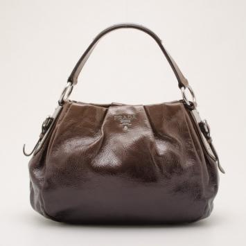 Prada Brown Patent Leather Gradient Pleated Hobo