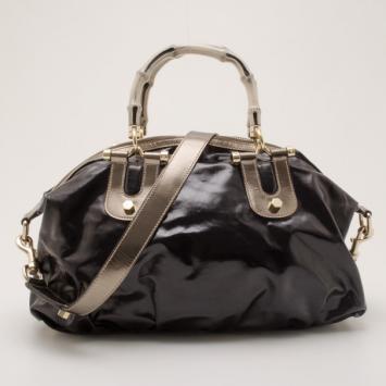 Gucci Black and Metallic Patent Bamboo Pop Boston Satchel