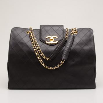 Chanel Vintage Black Quilted Jumbo Weekender Tote