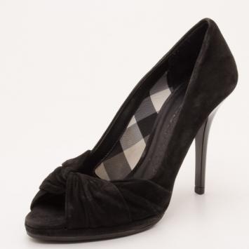 Burberry Black Suede Twisted Peep Toe Pumps Size 36