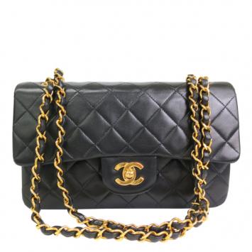 Pre Owned Chanel Black Lamb Skin Leather Double Shoulder Flap Bag Small