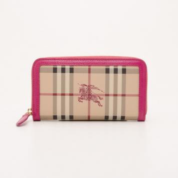 Burberry Haymarket Check Pink Trim Zip Around Wallet