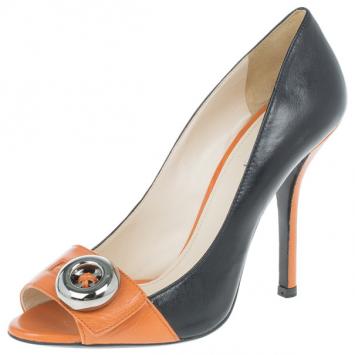 Prada Orange Two-Tone Leather Peep Toe Button Pumps Size 38