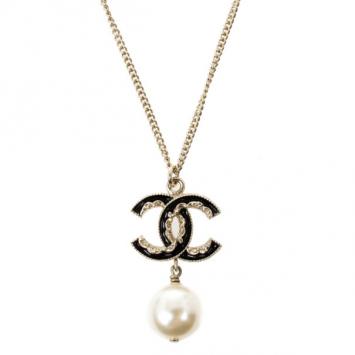 Chanel CC Black Enamel and Dangle Pearl Necklace
