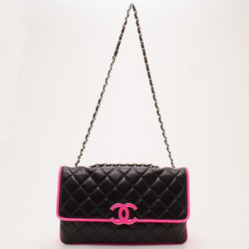 Chanel Black and Neon Pink Two Tone Quilted Flap Bag
