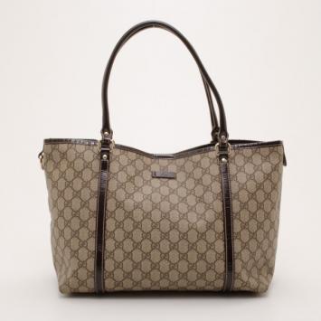 Gucci Monogram Joy Medium Tote with Brown Patent Trim