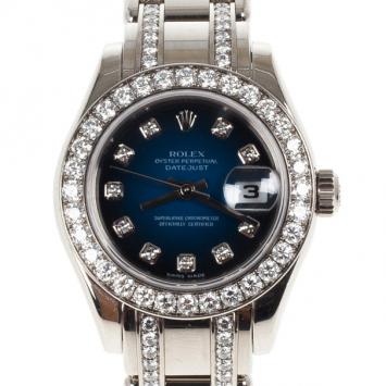 Rolex Blue White Gold Pearlmaster DateJust Women's Wristwatch 29MM