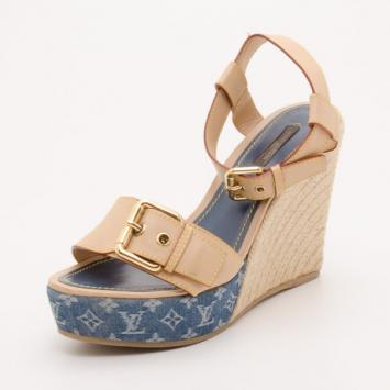 Louis Vuitton Denim and Leather Espadrille Wedges Size 39.5